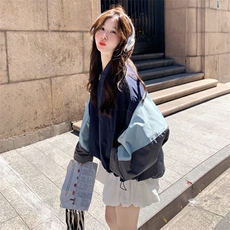 休闲撞色拼接藏蓝色短外套女春秋2025新款小个子减龄巨好看高级感，女装短外套，2D143