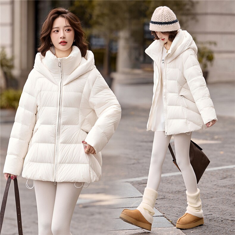 2025冬季新款时尚高级感纯色中长款显瘦保暖连帽白鸭绒羽绒服外套，女装羽绒服，流量+