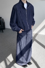 春秋男士韩系设计款牛仔套装割洞提花重工水洗外套牛仔裤套装，男装牛仔裤，电商B319