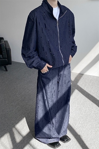 春秋男士韩系设计款牛仔套装割洞提花重工水洗外套牛仔裤套装图片