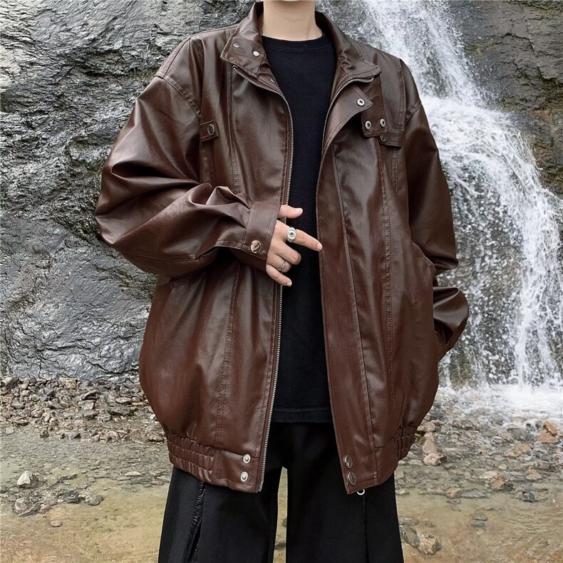 机车服男款潮牌宽松工装PU皮衣外套秋季高街潮流休闲痞帅立领夹克,男装皮衣,星座410-6（原星座1304-1）