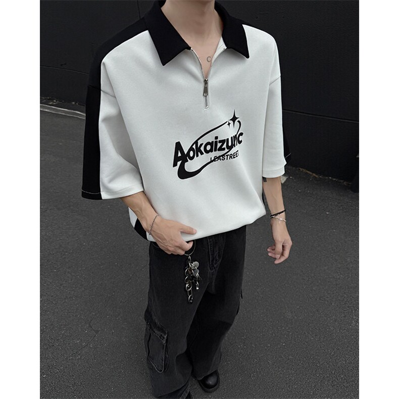 夏季宽松美式高街拼接POLO衫短袖T恤潮808B-WH056-P48,男装Polo衫,星座808B