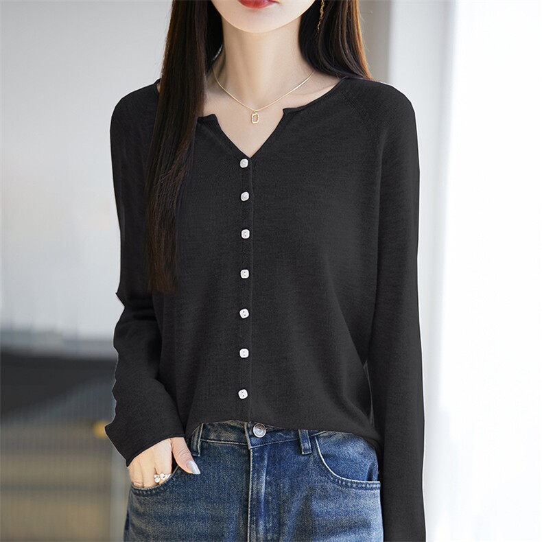 25春夏薄款V领卷边针织开衫女精纺羊毛纯色长袖毛衣宽松休闲上衣，女装蕾丝衫/雪纺衫，暖烁特种纱工厂店