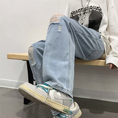 松紧腰破洞牛仔裤男宽松直筒ins潮牌美式高街百搭阔腿裤N1027-p40，男装牛仔裤，星座1008