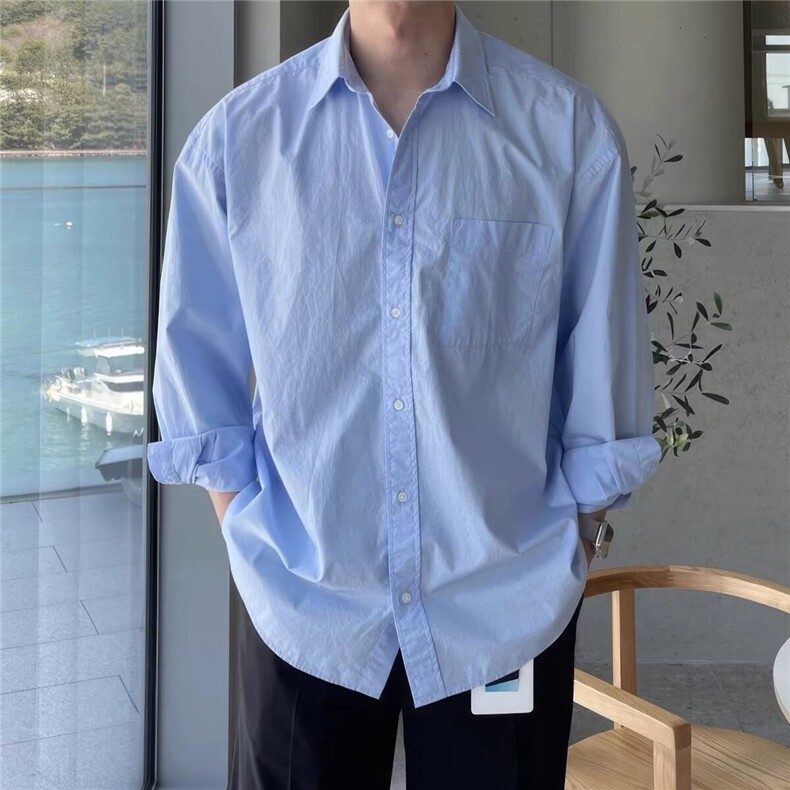 汤米春秋季高级感衬衫男内搭长袖韩系风格穿搭少年感蓝色衬衣休闲图片