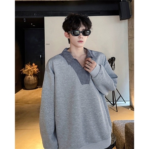 WY10153-特P48控88小众撞色面料拼接格子假两件大码男宽松卫衣