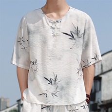 2025夏季男装禅服上衣风冰丝印花盘扣唐装短袖T恤C117-P50，男装T恤，电商B277(原6028)