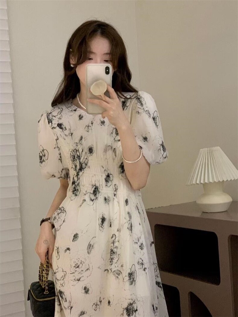 现货水墨画收腰连衣裙，女装连衣裙，素名