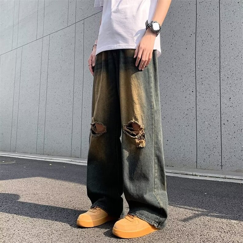 美式破洞牛仔裤男高街ins微喇裤子春季炸街痞帅直筒裤9011P43，男装牛仔裤，星座410-2