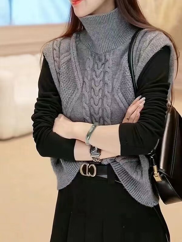 秋冬羊毛加厚高领绞花扣子马甲女宽松显瘦百搭针织背心,女装马甲,锦瑟羊绒