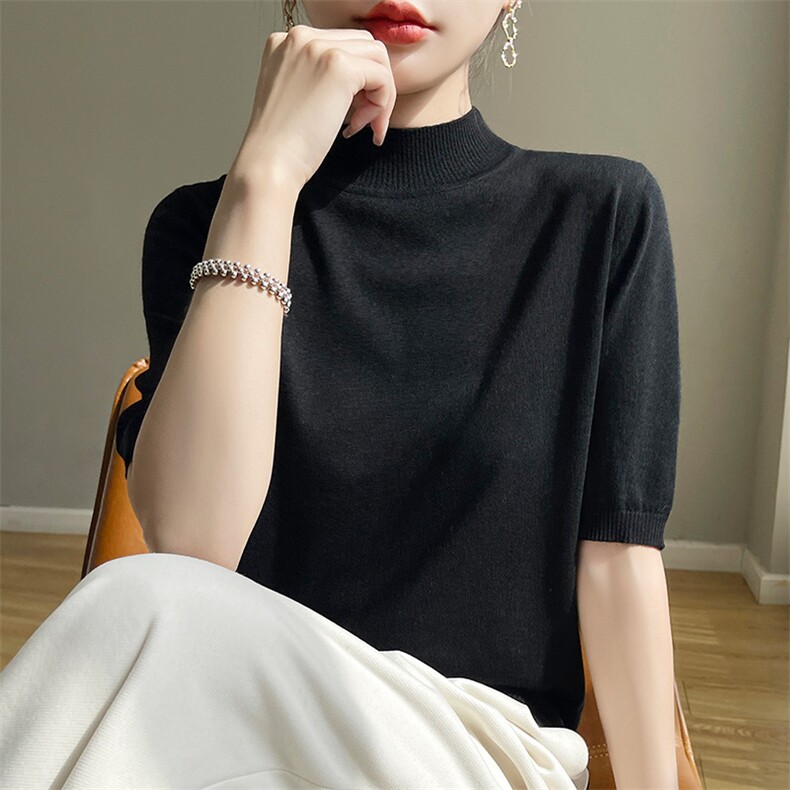 春夏款精纺女半高领毛衣半袖修身短袖针织打底衫薄T恤上衣,女装羊毛衫,片语羊绒