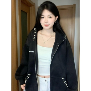 钉珠连帽开衫卫衣外套女2025新款秋冬美式高街复古宽松小众设计感图片