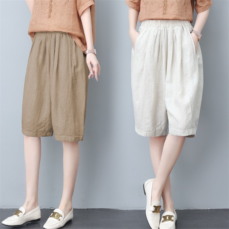棉麻五分裤女夏2024新款薄款宽松透气哈伦短裤妈妈松紧腰休闲中裤，女装短裤/热裤，璐依舞