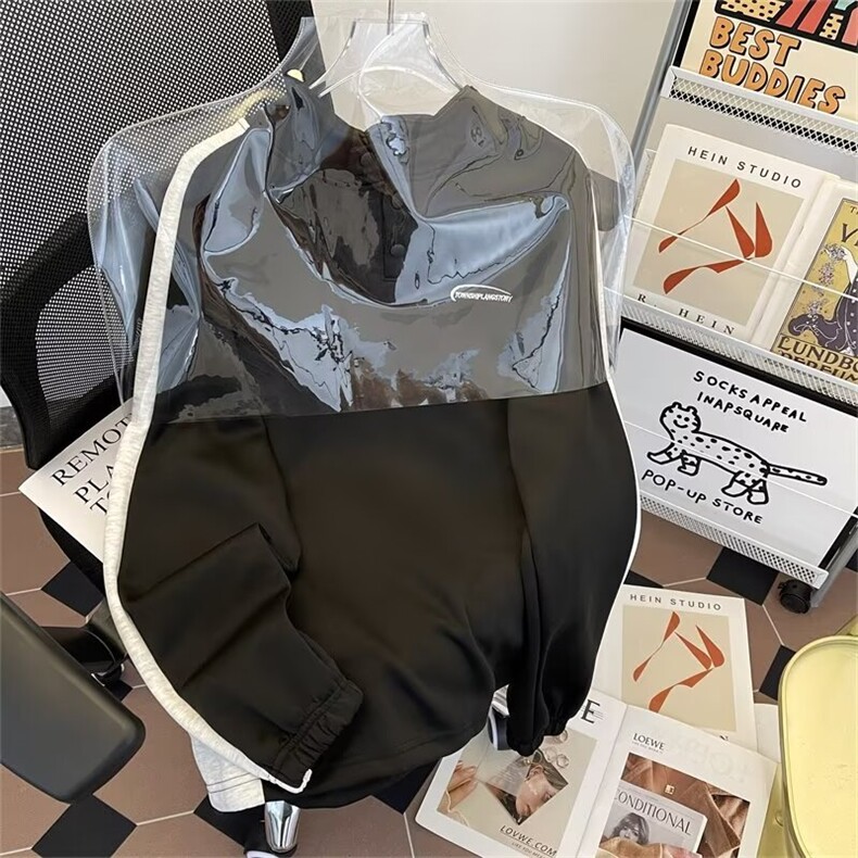美式复古拼接半高领卫衣男春秋潮牌宽松套头上衣立领外套Q72/P46,女装短外套,星座506B