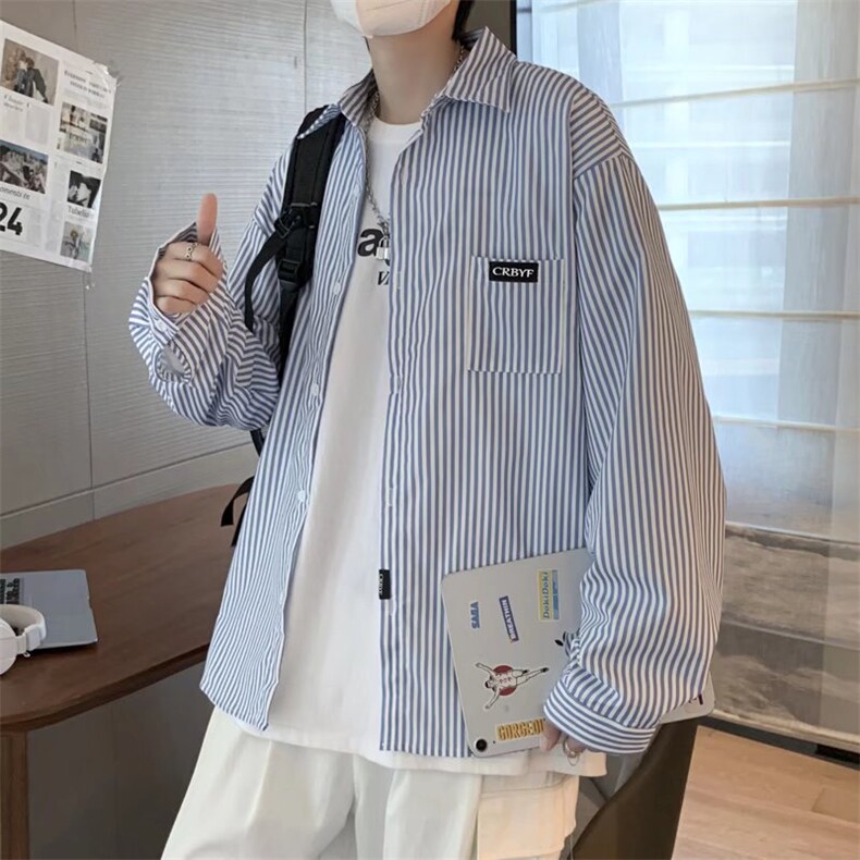 竖条纹长袖衬衫男潮流百搭上衣ins痞帅休闲宽松衬衣外套C1522-p30,男装衬衫,星座1008-1