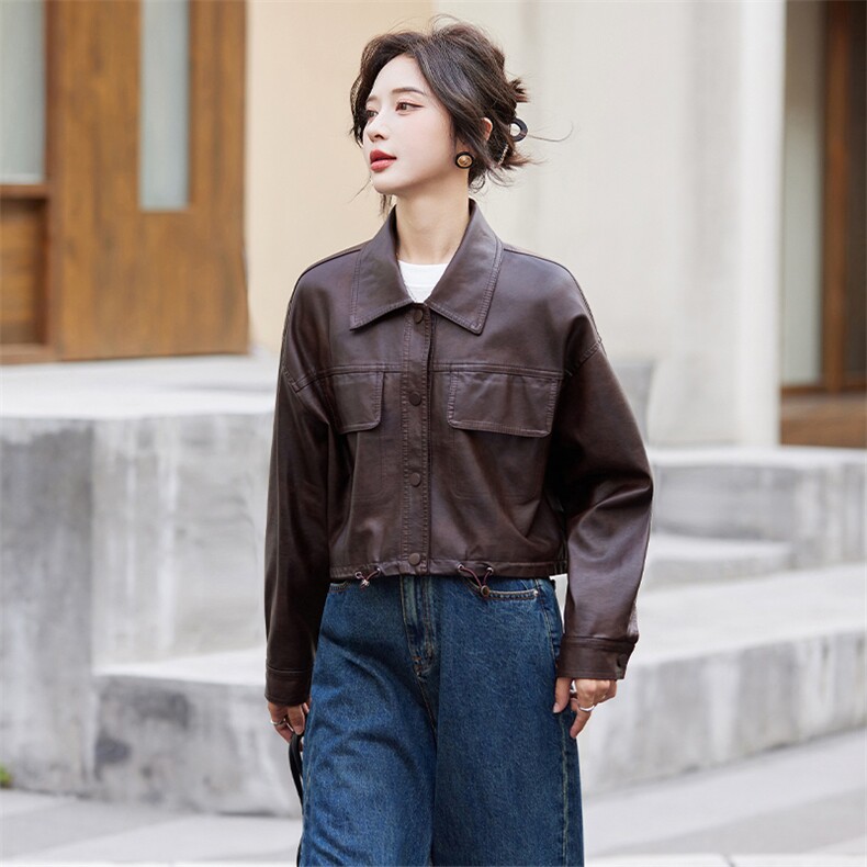 短款皮衣外套女2024秋季新款宽松休闲美式复古美拉德机车夹克上衣,女装皮衣,江南女神