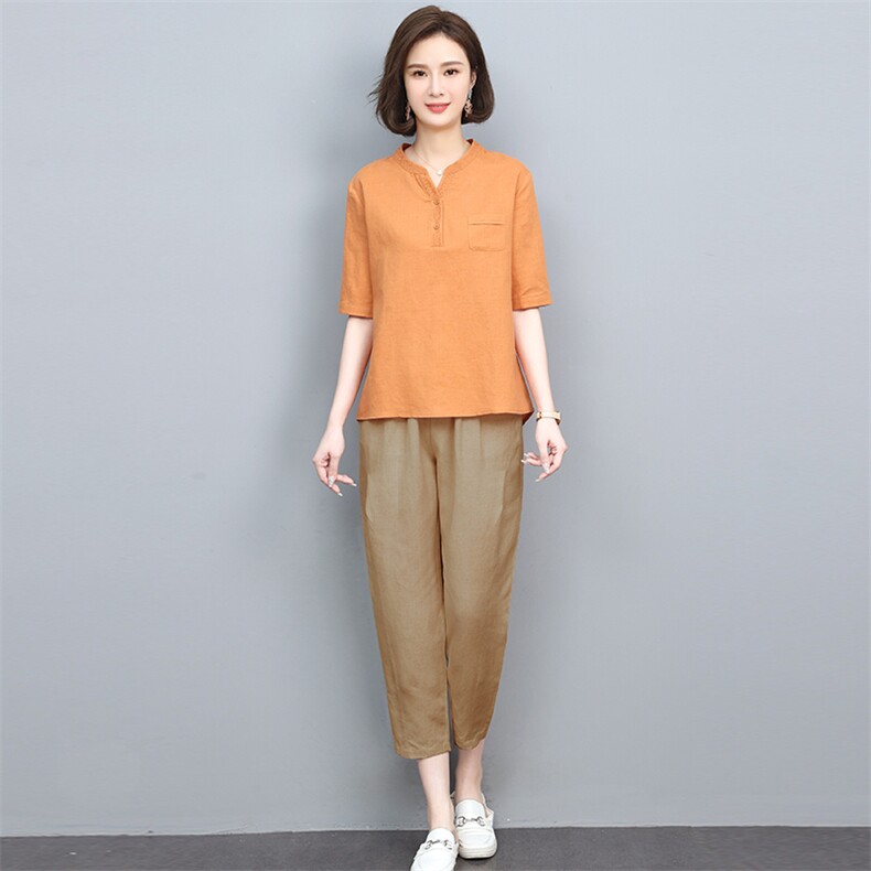 （新款）2024年夏时尚两件套装女亚麻棉刺绣上衣小脚裤,女装休闲裤,忆绮罗