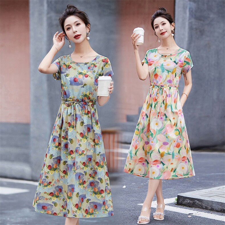 复古油画感碎花连衣裙女中长款2024夏季新款收腰显瘦气质纯棉裙子，女装连衣裙，鑫思依格