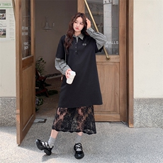 学院风穿搭黑色套装女秋超火好看高级假两件衬衫上衣半身裙两件套，女装套装/套裙，2C010