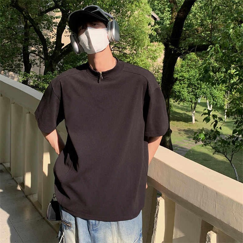 网图有货夏季宽松高级感白色半拉链设计感短袖t恤男A488-P38,男装T恤,星座1505