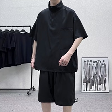 2023港风文艺短袖衬衫男春秋宽松潮流短裤百搭两件套，男装休闲套装，星座716-3