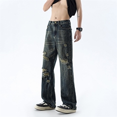 B221美式ins高街暗黑小众夏季重工艺破洞牛仔裤LK24178-P65控88，男装牛仔裤，电商B221