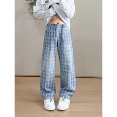B221美式ins暗黑高街个性直筒格子牛仔裤LK25571-特P45控78，男装牛仔裤，电商B221