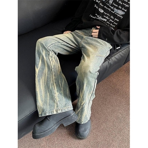 水洗牛仔裤男款小众阔腿hiphop青少年宽松直筒微喇裤子NB628