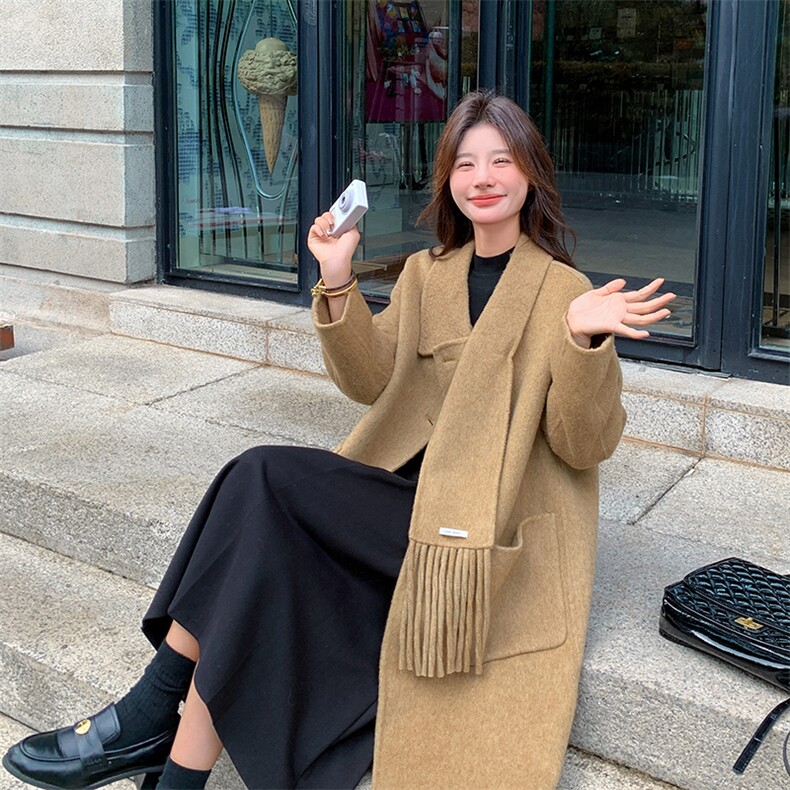 羊绒大衣女新款2025秋宽松超好看温柔韩系复古减龄气质双面呢外套,女装毛呢外套,2C129