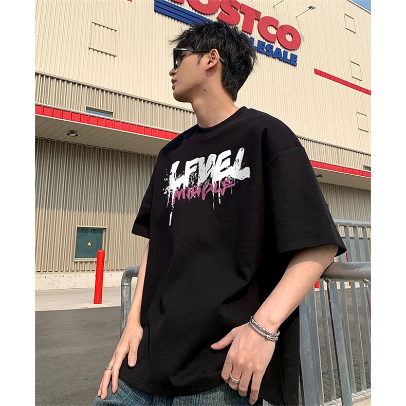 抖音得物210克现货宽松纯棉美式潮牌印花落肩袖纯棉T恤AT21124,男装T恤,电商A443