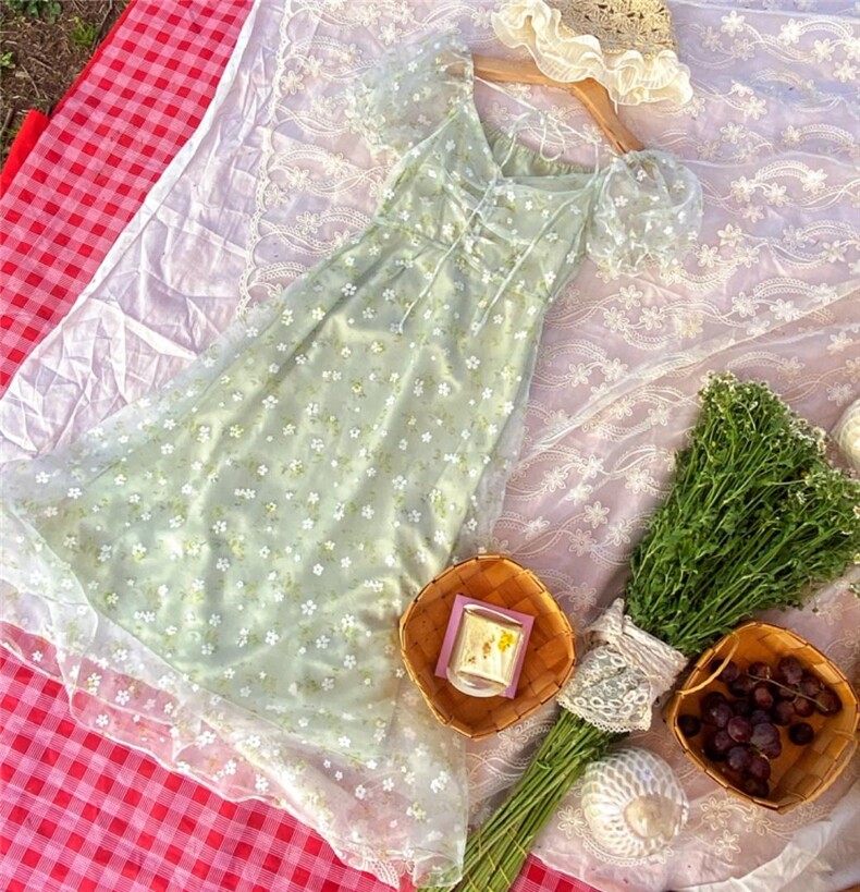 蕾丝印花甜美连衣裙，女装连衣裙，Mu Mu