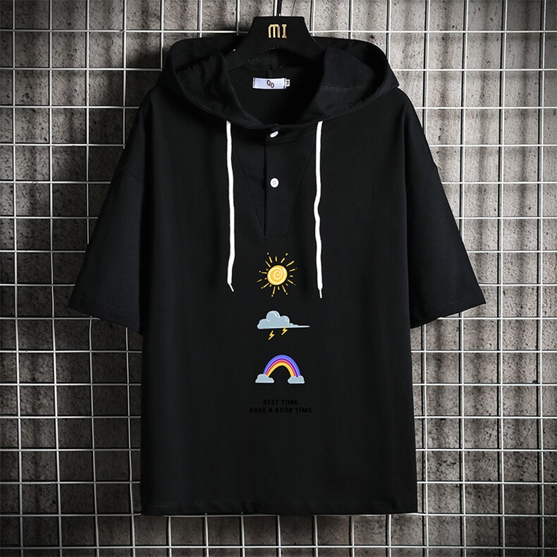 LD54141-P45 连帽短袖t恤男大码胖子带帽五分袖中袖 网格挂拍图片