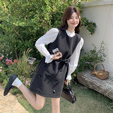 通勤风灰色无袖背心连衣裙叠穿白衬衫女春秋超火好看气质两件套装，女装套装/套裙，维壹