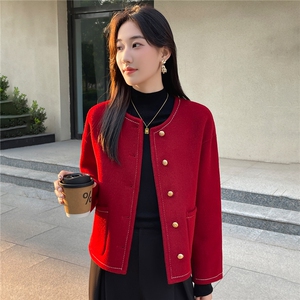 2025年秋季新款百搭女士带兜系扣圆领羊毛开衫图片