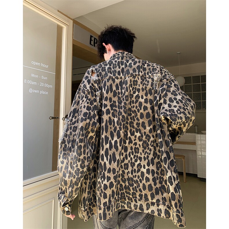 美式复古做旧豹纹破洞翻领牛仔夹克男秋季设计感潮牌外套,男装夹克,星座410-7