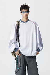 可二开美式POLO衫大码M-5XL拼接V领球衣长袖T恤男CX78111P45控69图片