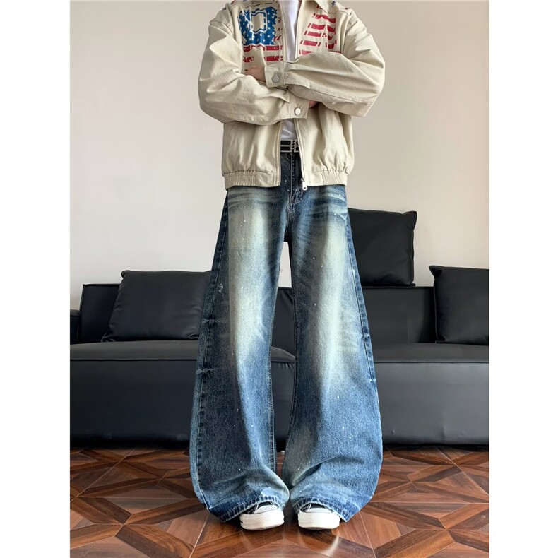 复古水洗做旧阔腿牛仔裤男宽松直筒休闲长裤子潮8003P53，男装牛仔裤，星座410-2