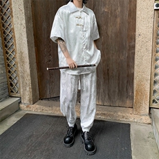 龙纹醋酸提花冰丝直筒裤男休闲裤中式竹纹刺绣短袖衬衫直筒裤套装，男装休闲裤，星座601-2