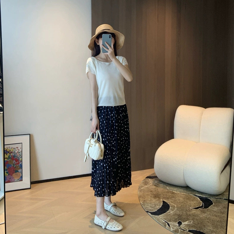 波点印花高支高密显瘦乱褶松紧腰小香风半身裙,女装半身裙,湘姗