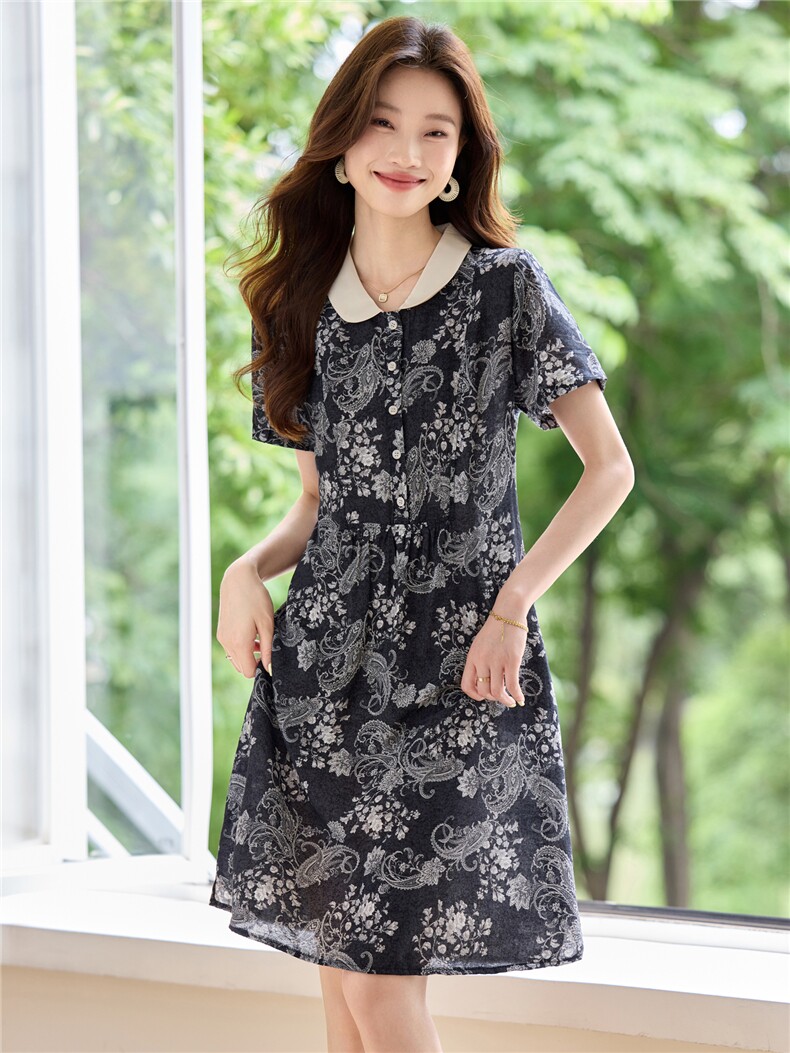 时尚撞色翻领印花连衣裙女2026夏新款宽松显瘦复古气质休闲衬衫裙,女装连衣裙,简韵佳