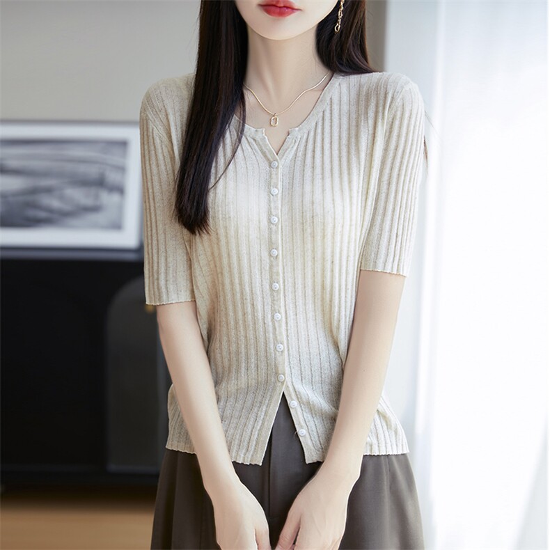 夏季新款简约休闲天丝亚麻抽条圆开中袖女士百搭时尚显瘦上衣,针织衫/毛衣,朝思羊绒