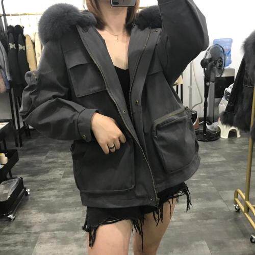 ZHG8111欧货大口袋真狐狸毛领可拆卸獭兔内胆保暖皮草派克,女装皮草,L·H·X