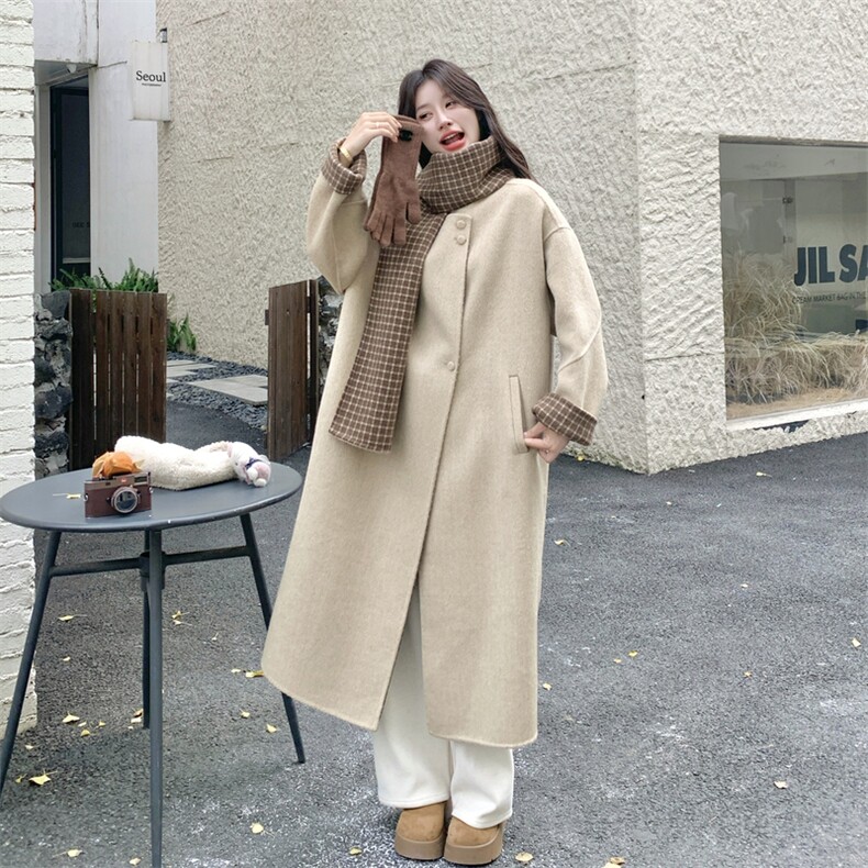 韩系圆领长款双面羊绒大衣女25冬新款宽松显瘦百搭外套潮,女装羊绒大衣,2D076