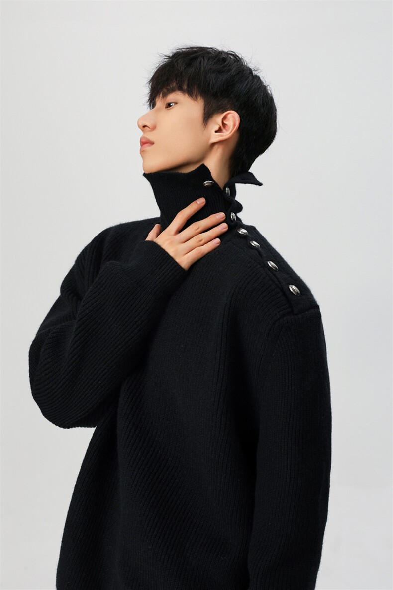 无影墙高克重潮流纯色高级感纽扣高领百搭毛衣针织衫TM09-P85,男装针织衫/毛衣,星座1315