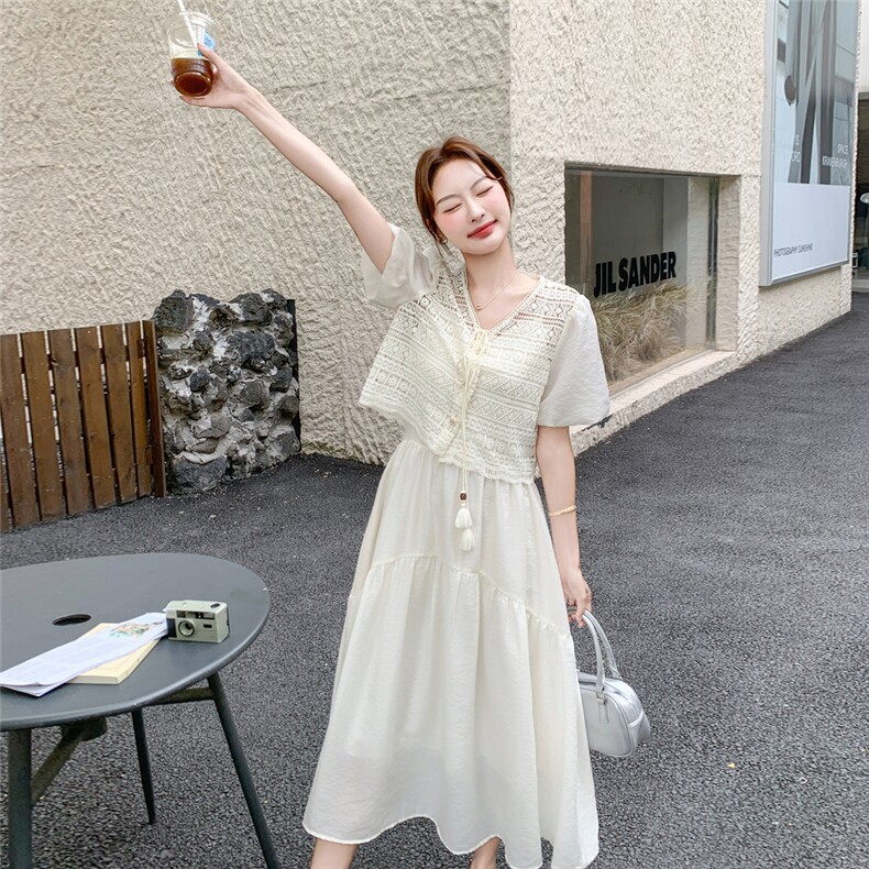 2025年夏季新款气质显瘦吊带连衣裙两件套套裙女镂空上衣女,女装套装/套裙,1D102-1