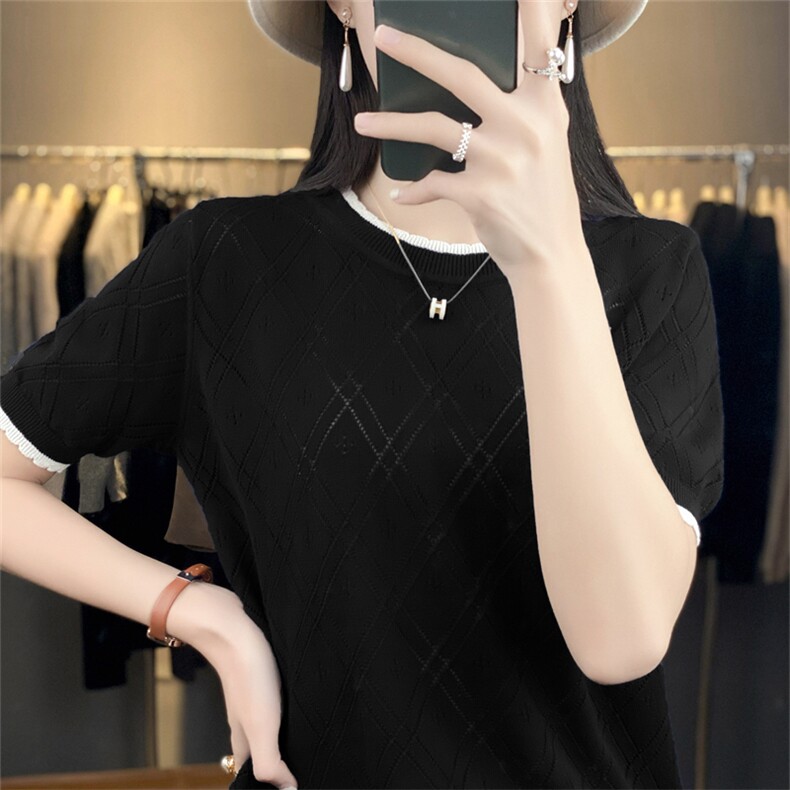 100%纯棉圆领短袖T恤女24夏季新款宽松镂空拼色显瘦棉麻针织短袖,针织衫/毛衣,斯美雅电商供货