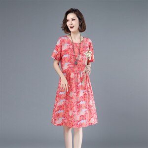 2021年夏季圆领中长款A字裙妈妈装连衣裙印花套头韩版通勤高腰裙图片