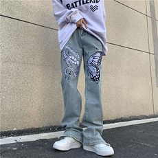 美式高街hiphop复古刺绣牛仔裤男百搭拉链微喇叭休闲情侣长裤P65，男装牛仔裤，四季星座218-1