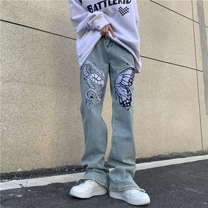美式高街hiphop复古刺绣牛仔裤男百搭拉链微喇叭休闲情侣长裤P65图片