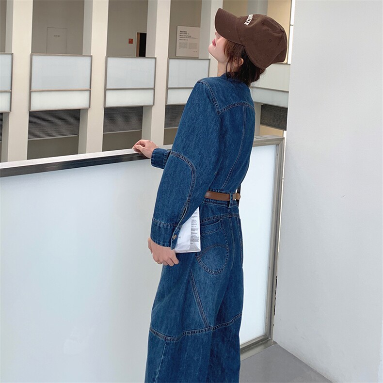 美式水洗复古连体裤女2025秋季新款时尚遮肉显瘦长袖牛仔连体长裤,女装连体裤,点滴